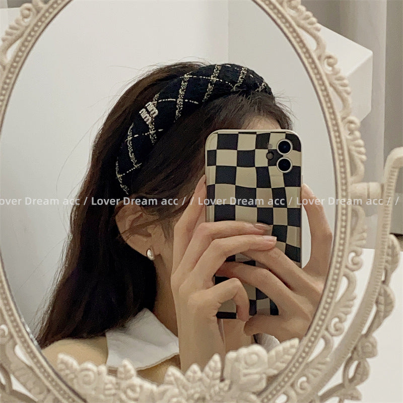 Wholesale Rhinestone Letter Black Grey Houndstooth Sponge Headband